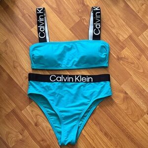 Calvin Klein Turquoise Bikini with Logo Straps Small NWOT